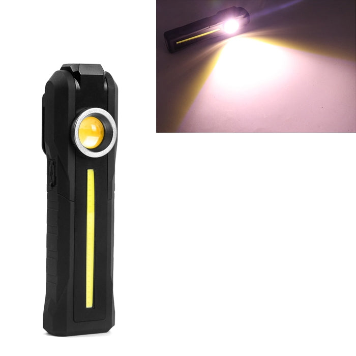 Black rechargeable flashlight with round lens and yellow LED strip