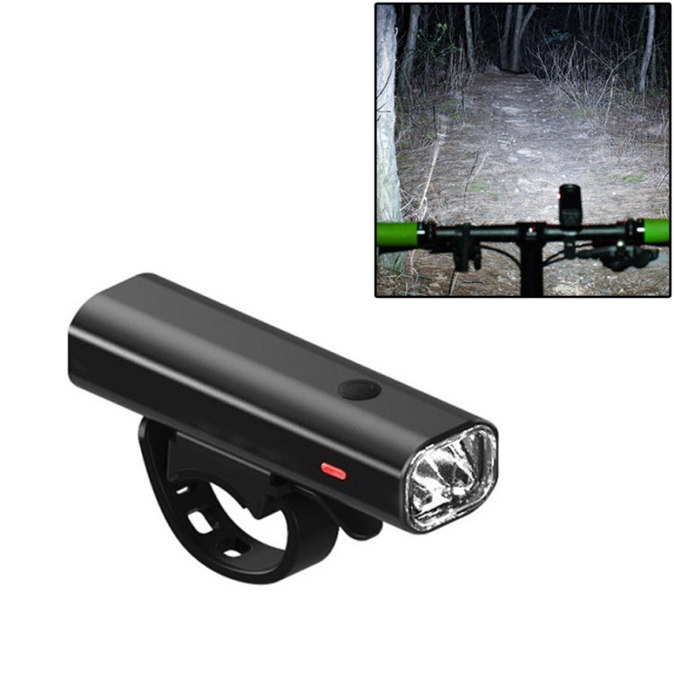 Bicycle USB rechargeable headlight, dark gray housing with clear front lens and red light.