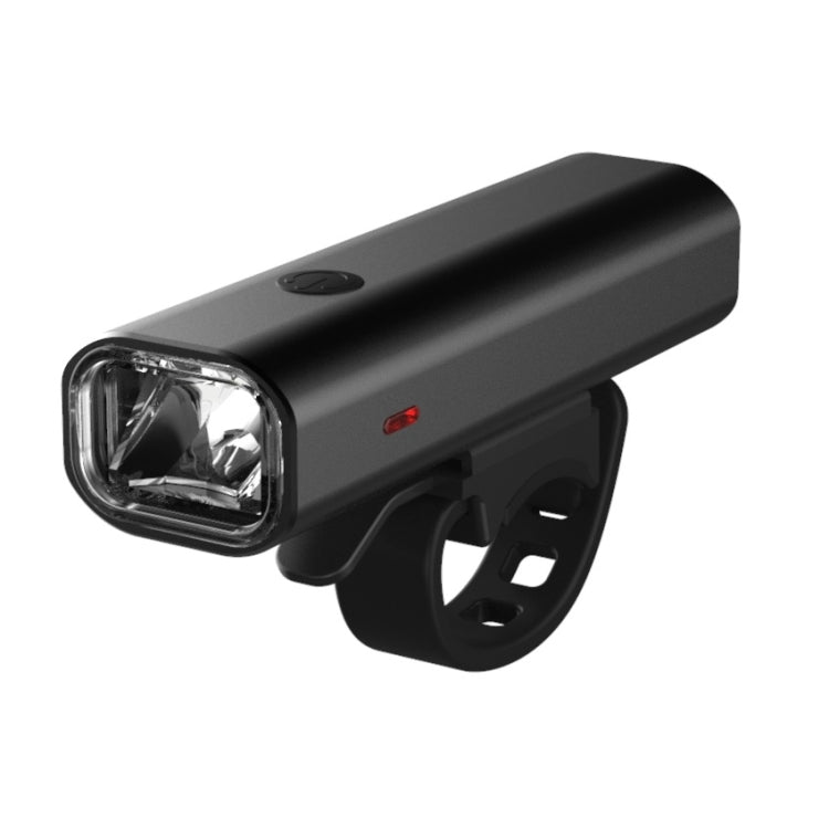 Bicycle headlight with clear square lens, dark gray body, and front mount bracket.