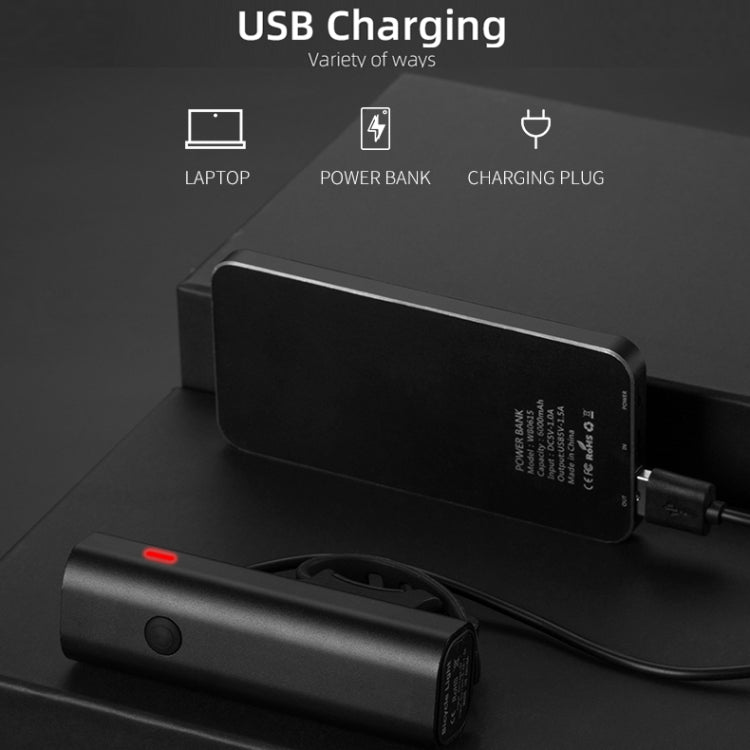 USB charging bicycle headlight with black mount and connected cable