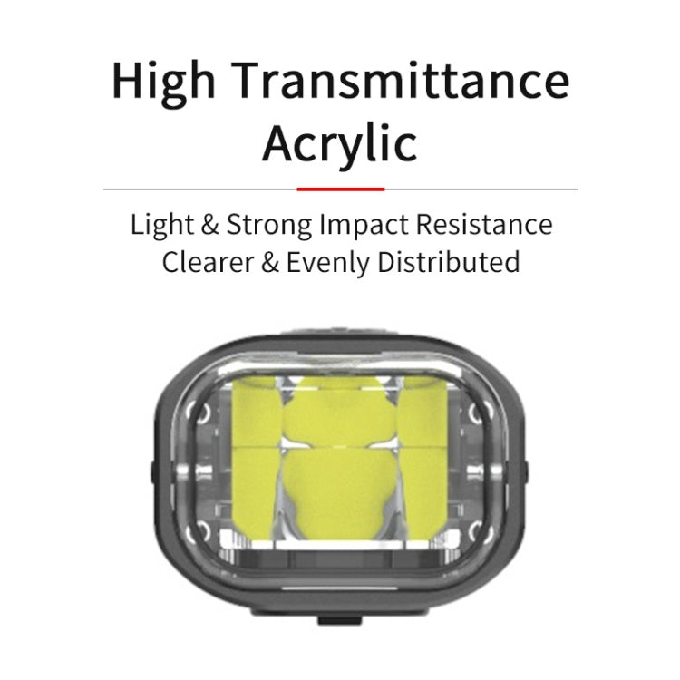 Front LED lens of bicycle headlight showing bright light module inside dark bezel.