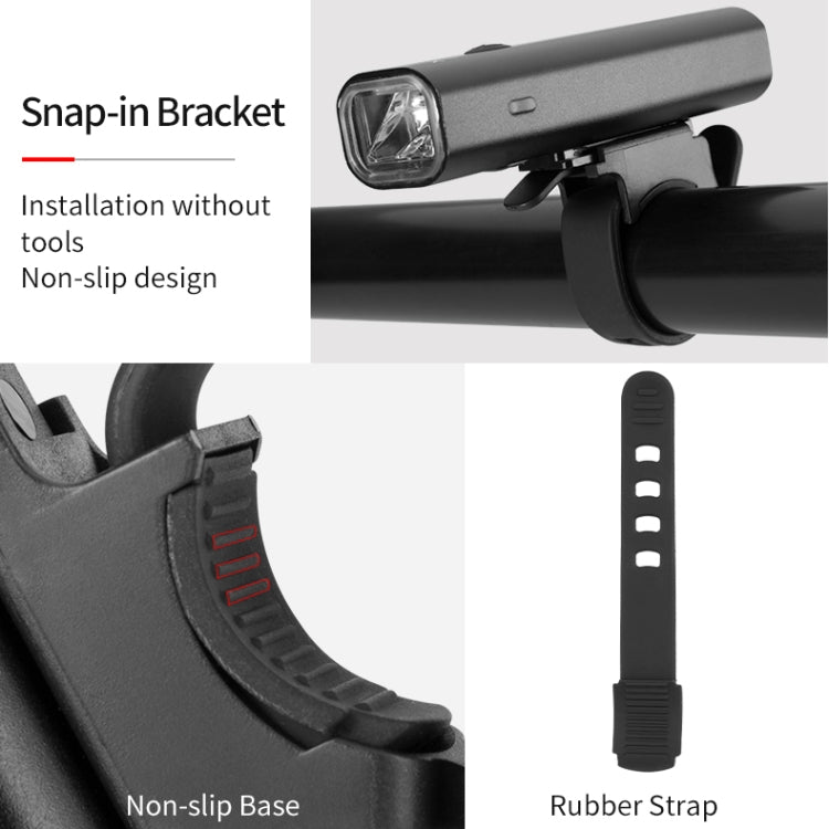 Bicycle headlight with snap-in bracket and rubber strap for tool-free handlebar mounting.