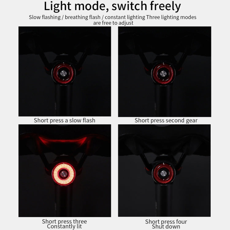 Bicycle rear taillight with red LED ring on a mounting bracket, shown in multiple flash modes
