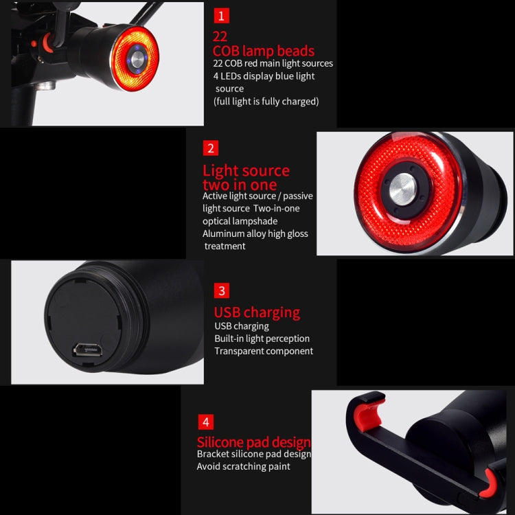 Black bicycle rear taillight with red LED ring, USB charging port, and silicone bracket