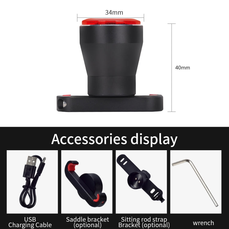 Black bicycle rear light with red lens, shown with side and top view dimensions