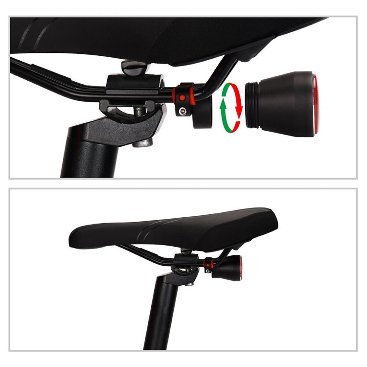 Black bicycle rear light mounted on seatpost with bracket and red accent