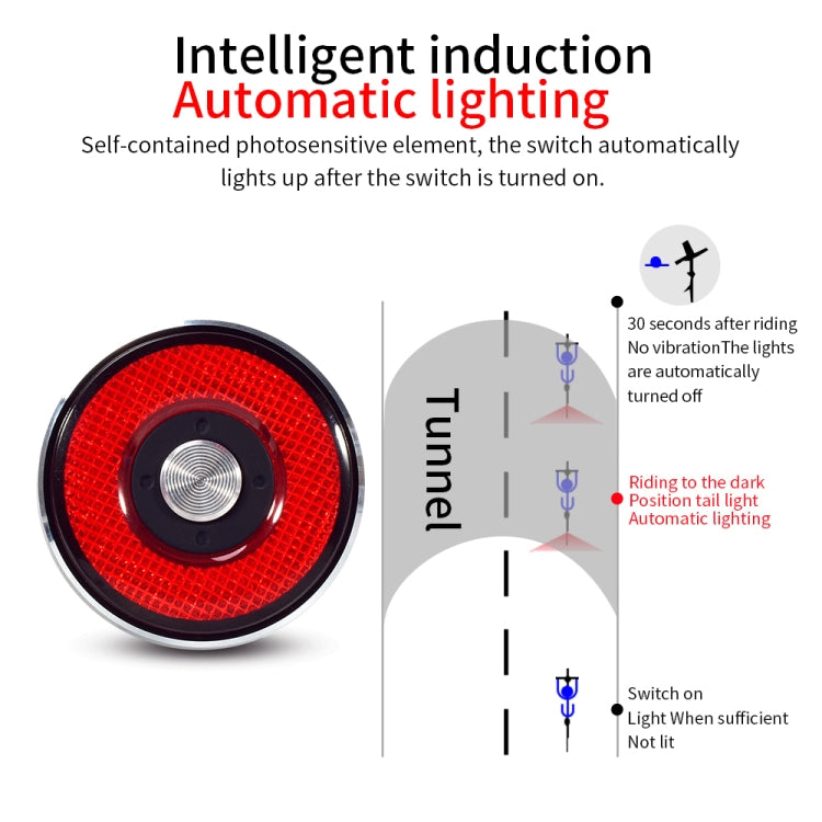 Front view of black bicycle rear light with red circular lens and silver center