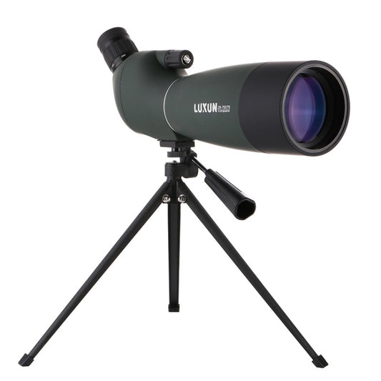 Dark green spotting scope telescope with black tripod, adjustable eyepiece and lens