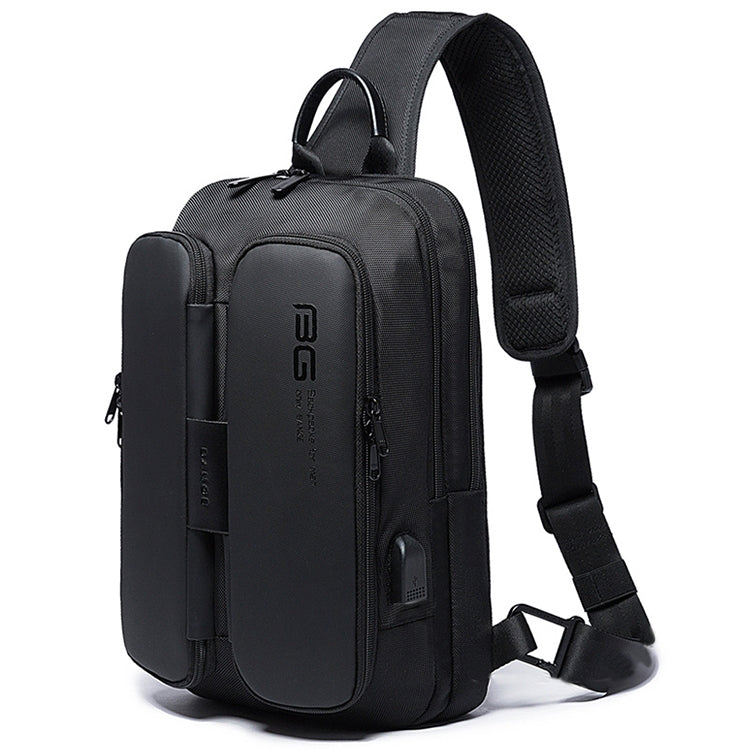 Black sling chest bag with front organizer pocket, top handle, and adjustable strap
