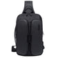 Black chest sling bag with two front compartments and side zipper details