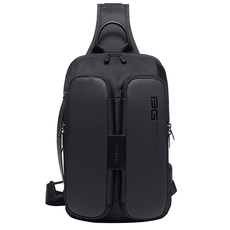 Black chest sling bag with two front compartments and side zipper details