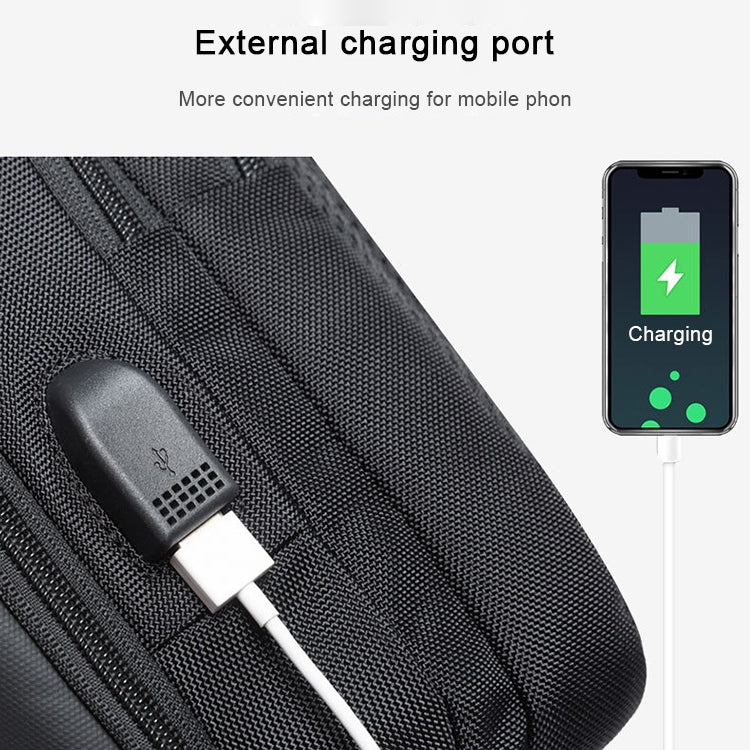Black textured chest bag with external USB charging port and cable attachment