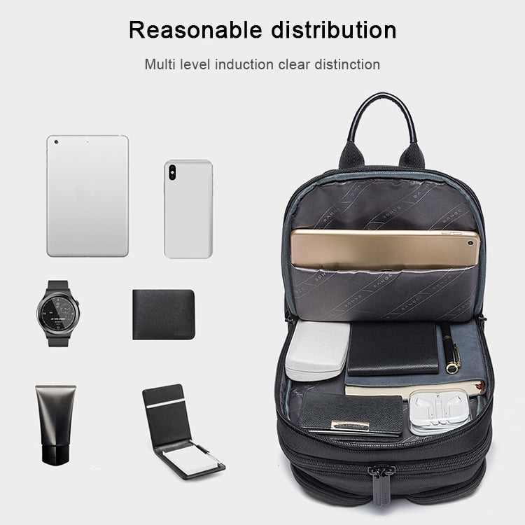Black backpack-style chest bag with top handle and front zipper pocket open