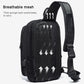 Black sling chest bag with breathable mesh back and adjustable shoulder strap