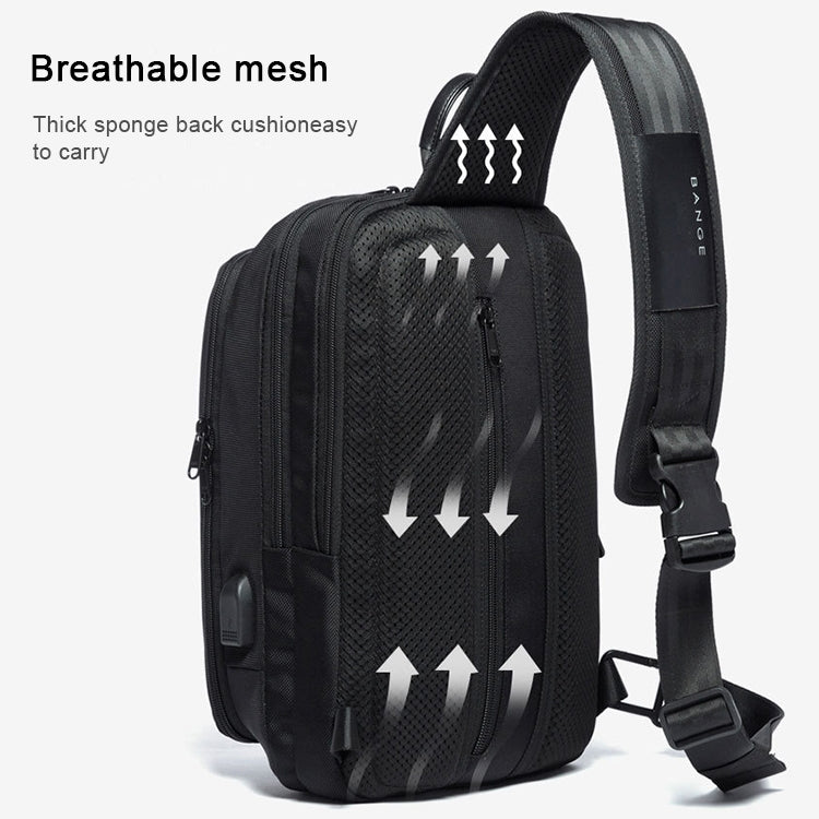 Black sling chest bag with breathable mesh back and adjustable shoulder strap