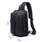 Black chest bag with front pocket, top handle, and adjustable shoulder strap; 20cm size shown
