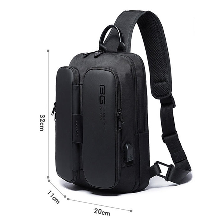 Black chest bag with front pocket, top handle, and adjustable shoulder strap; 20cm size shown