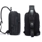 Black sling chest bag shown from side and back with textured panel and padded strap