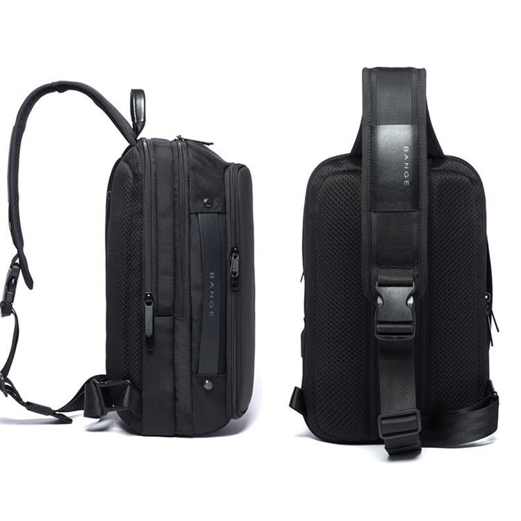 Black sling chest bag shown from side and back with textured panel and padded strap