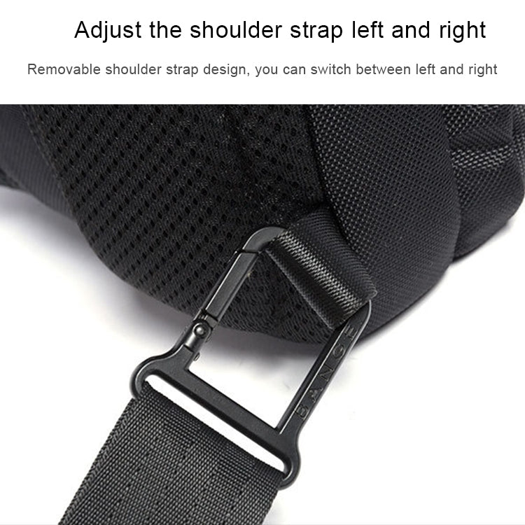 Black chest bag with adjustable detachable shoulder strap and metal carabiner clip