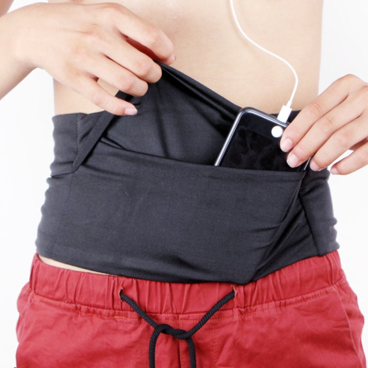 Black stretch waist pocket bag with zipper opening and phone inside pocket