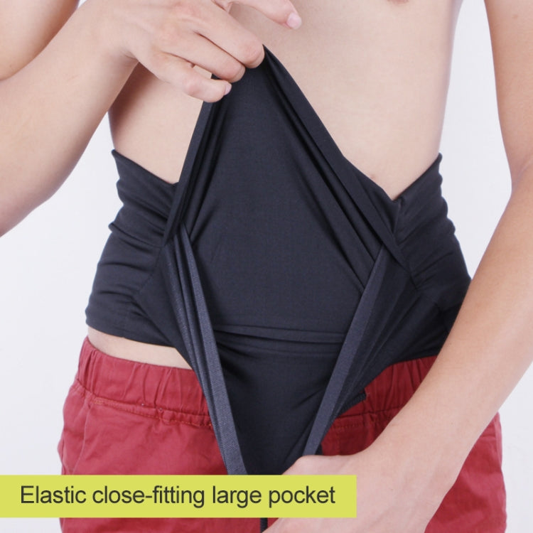 Black stretch waist pocket bag with elastic close top holding a phone