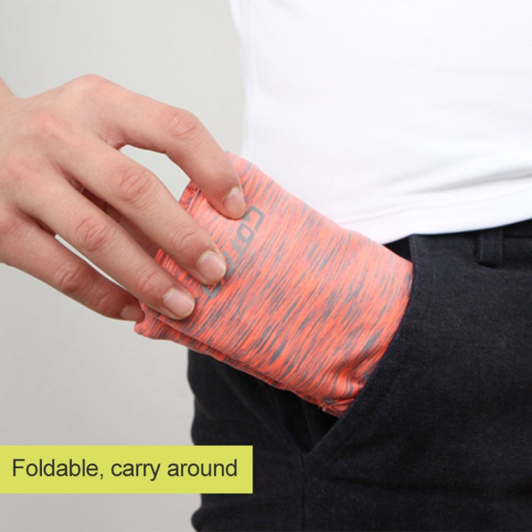 Orange patterned stretch waist pocket bag folded for easy carry