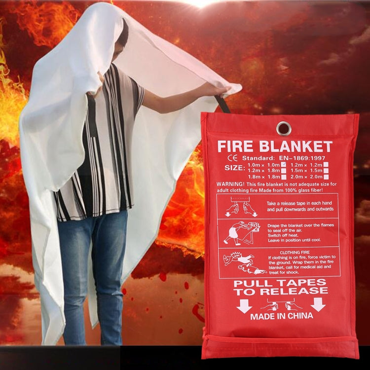 Red fire blanket pouch with pull-tape release label and safety instructions