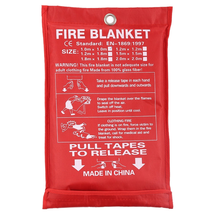Red fire blanket pouch with circular grommet and printed safety instructions