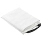 White fire blanket folded with black strap handle