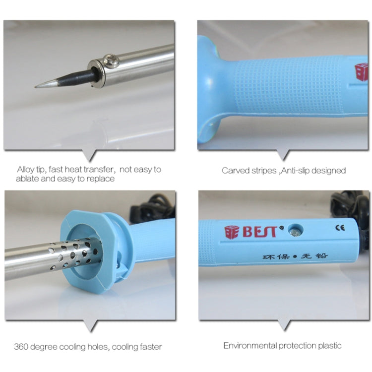 Electric soldering iron with blue grip, metal tip, and perforated cooling holes