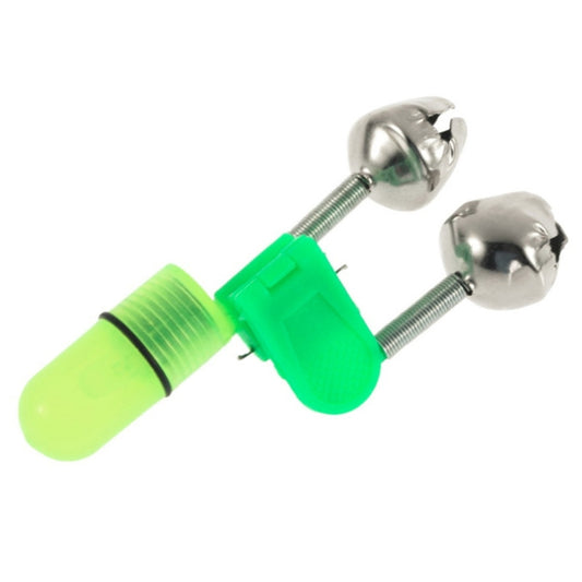 Twin chrome bell fishing bite alarm with green clip and lime LED glow