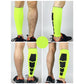 Neon green elastic knee support sleeves with black protective panel detail, worn on legs.