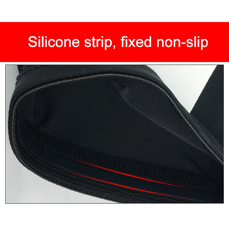 Black elastic knee sleeve close-up with red trim stripe and stitched edge detail.