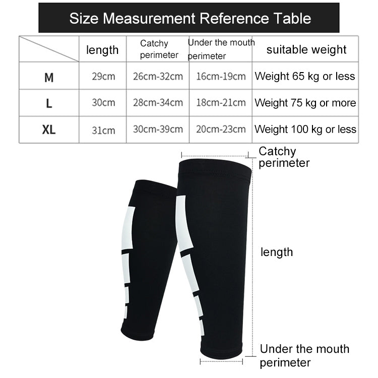 Knee support size measurement reference table for M, L, XL with weight and length.