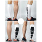 White elastic knee support sleeves with black protective panel detail, worn on legs.
