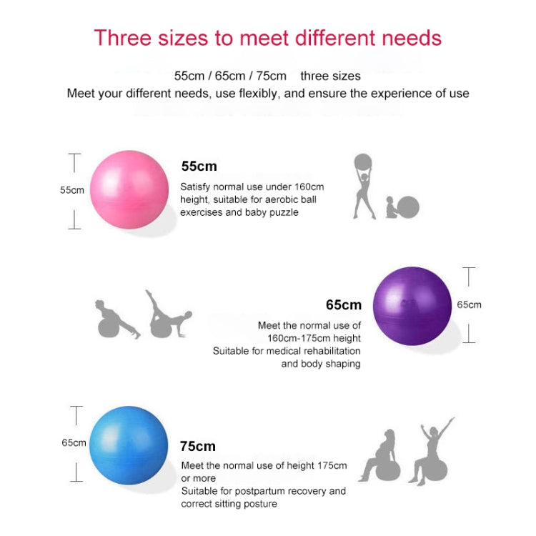 Set of anti-burst fitness yoga balls in 55cm, 65cm, and 75cm sizes