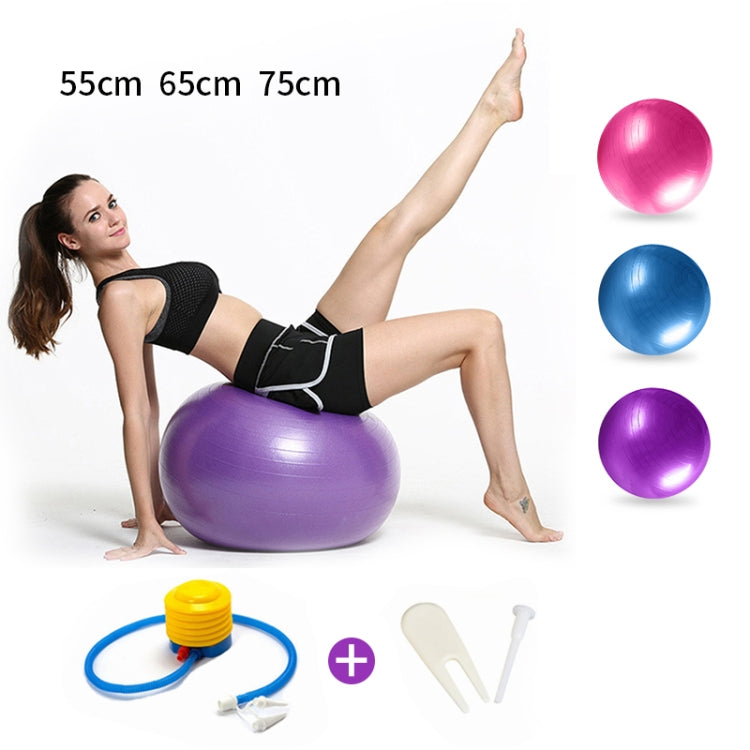 Purple, pink, and blue anti-burst fitness yoga balls with exercise poses