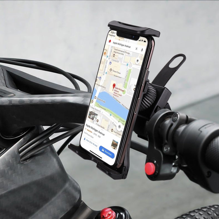 Bicycle phone holder with black bar clamp and adjustable cradle holding a smartphone