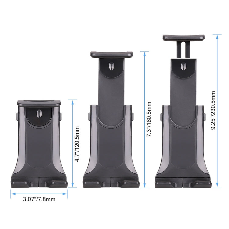 Bicycle phone holder sizing diagram, black cradle and base with measurements