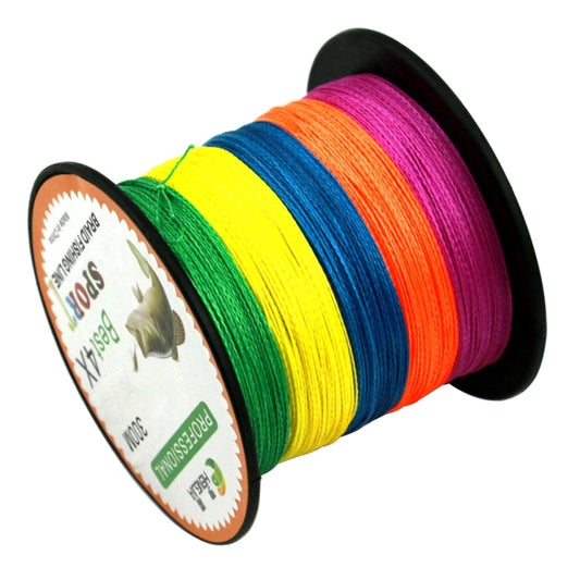 Colorful braided PE fishing line spool with rainbow stripes on black reel