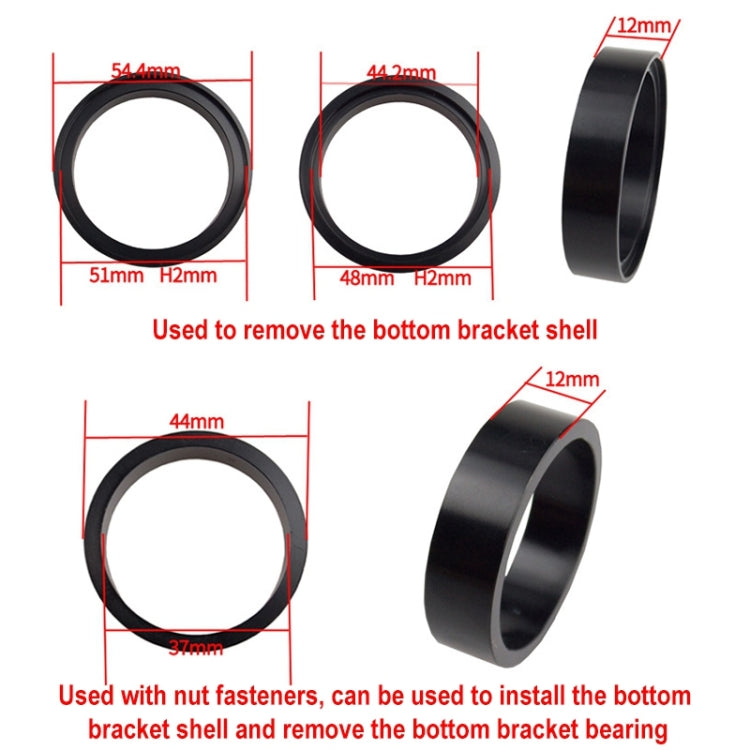 Bottom bracket shell removal adapter set with ring sizes dimension diagram