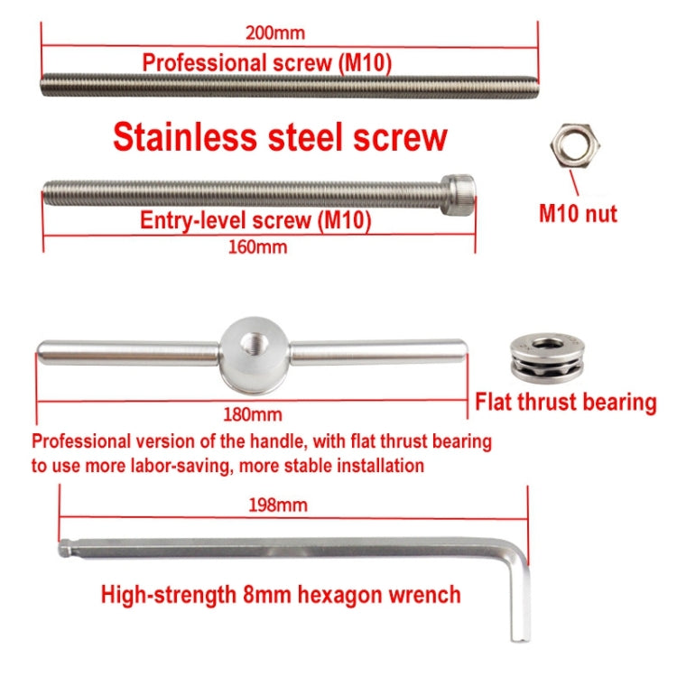 Bicycle bearing press tool kit with screws, wrench, and flat thrust bearing