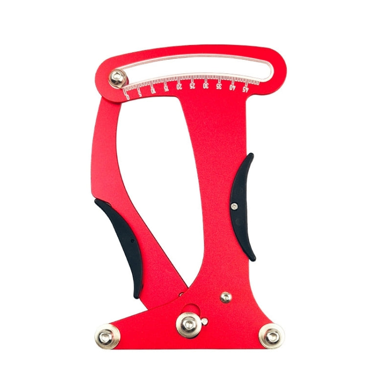 Red bicycle spoke tension meter with numbered gauge and adjustable arms
