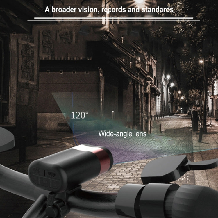 Black and red bicycle front lamp camera with lens module mounted on handlebars