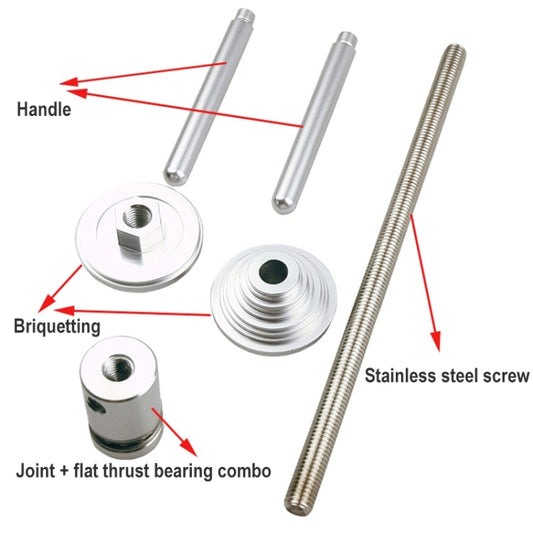 Bike axle press tool parts: handle bars, threaded screw, press plates, bearing joint