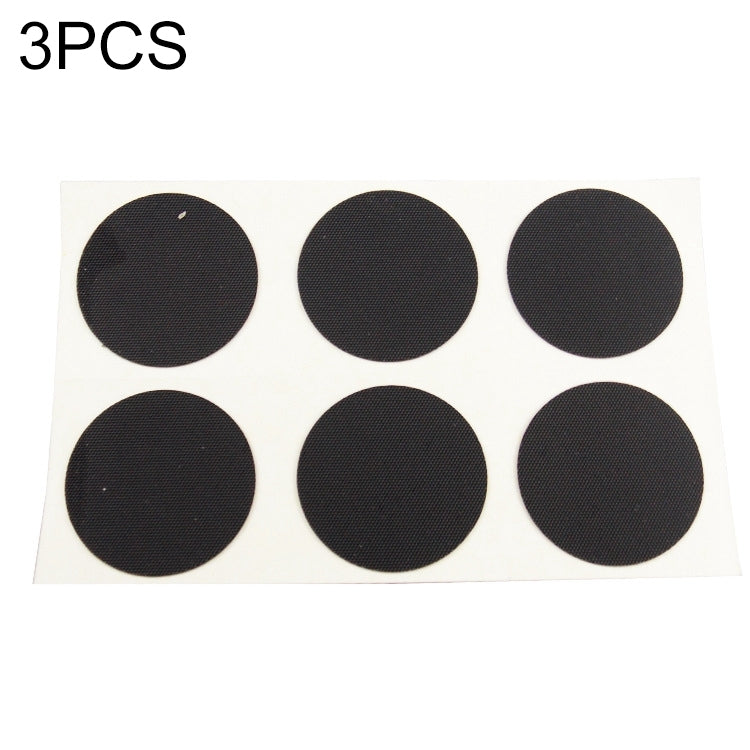 Glue-free inner tube repair patches set, six dark round circular patches on backing