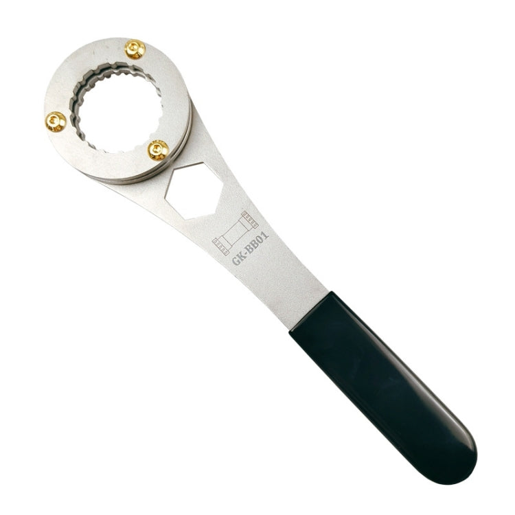 Bike bottom bracket wrench with toothed ring and black grip handle