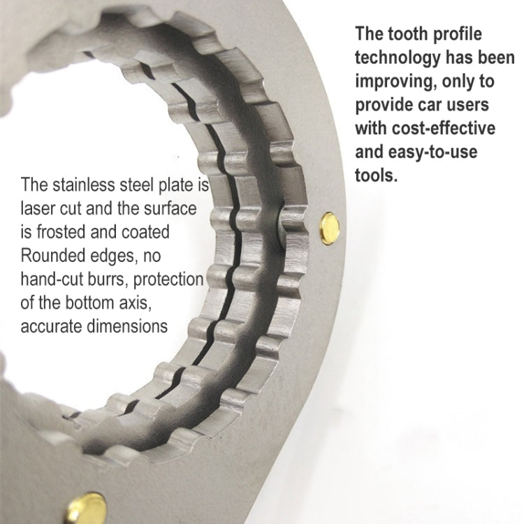 Close-up of bike bottom bracket wrench toothed plate with gold fasteners