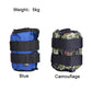 Pair of adjustable ankle weight sandbags in blue and camouflage patterns